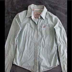 Green and White Stripped Hollister Button Up Shirt